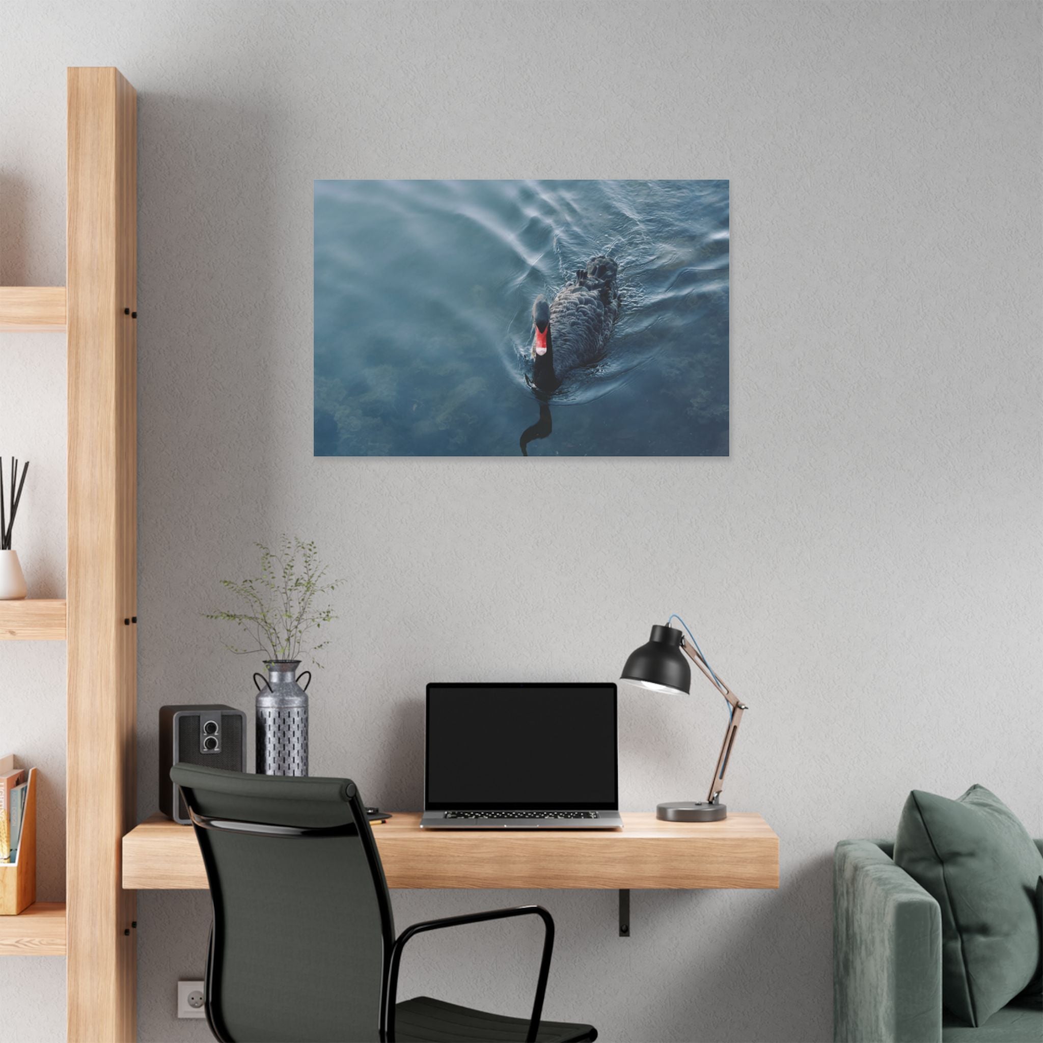 Black Swan Canvas Wall Art – Serene Lake Photography Print