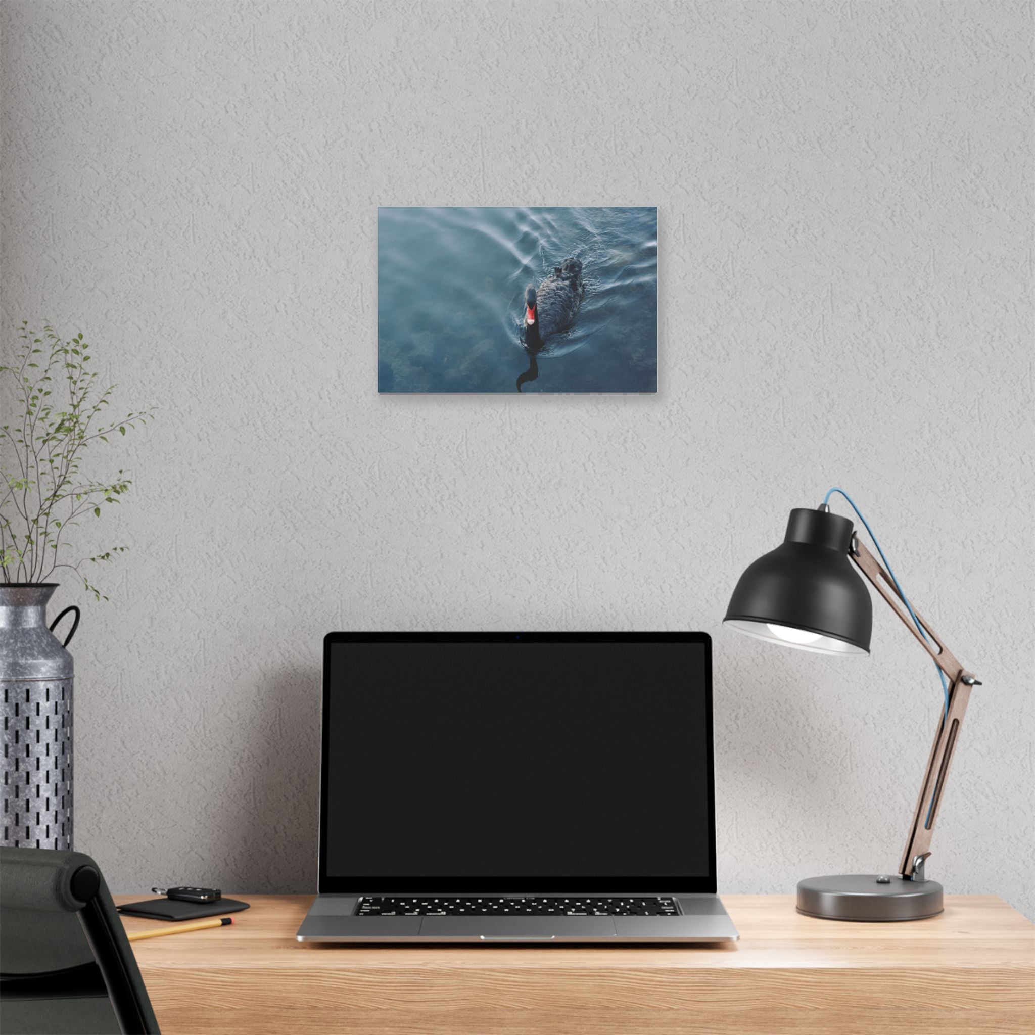Black Swan Canvas Wall Art – Serene Lake Photography Print