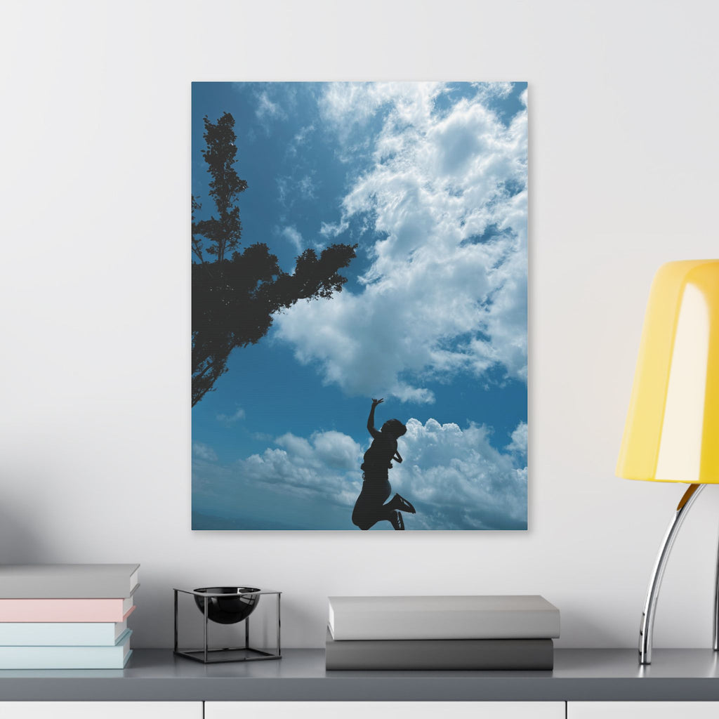 Silhouette Jumping Against Cloudy Sky - Classic Stretched Canvas