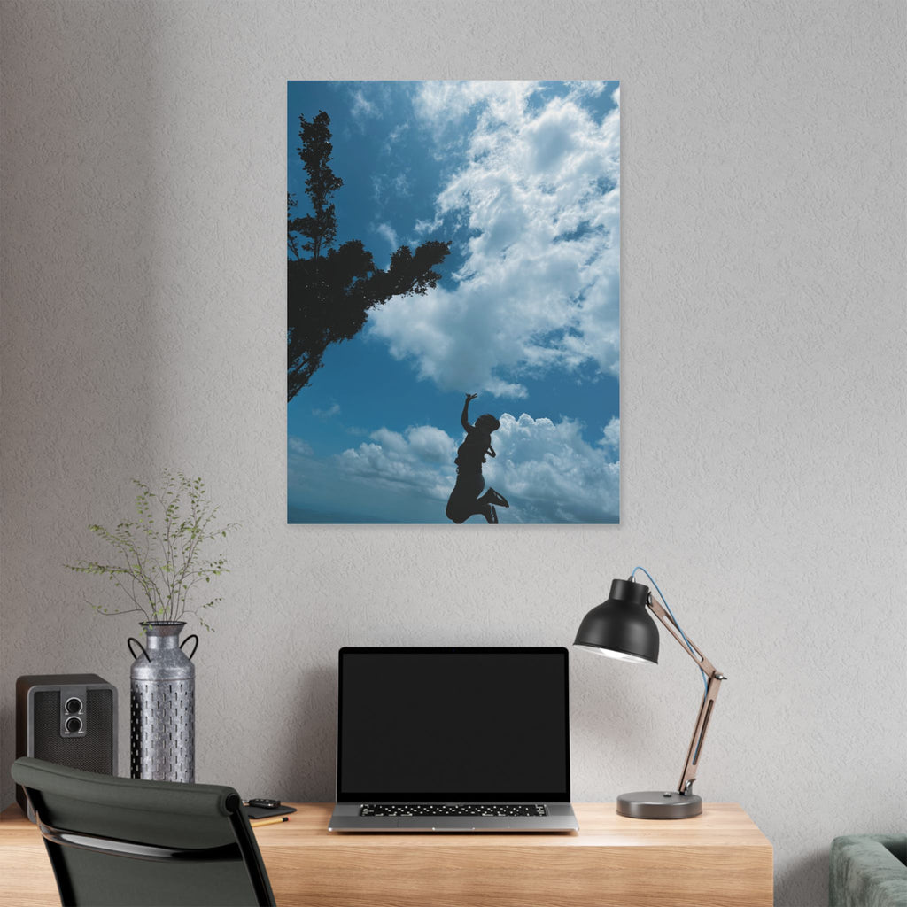Silhouette Jumping Against Cloudy Sky - Classic Stretched Canvas