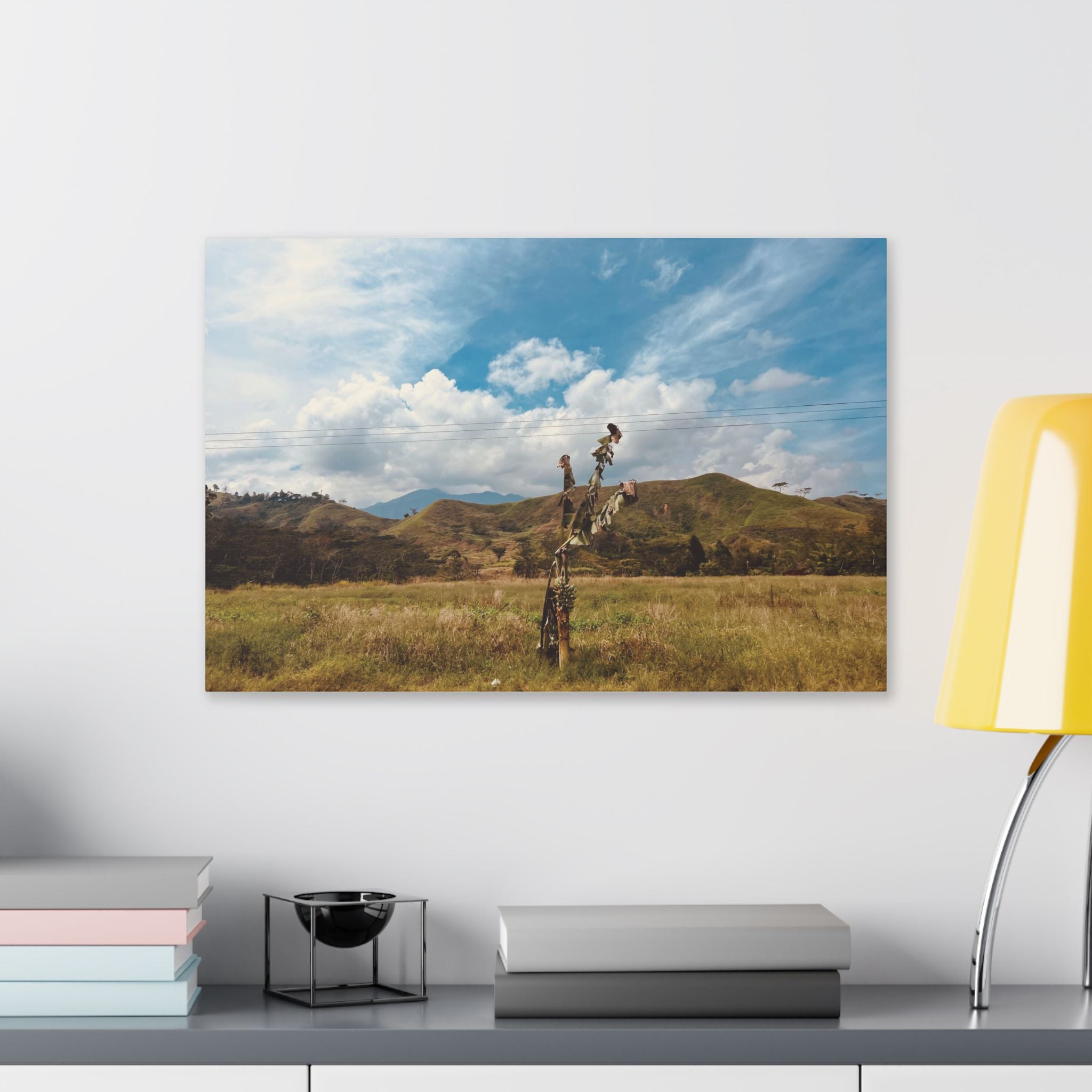 Sunlit Meadow Canvas Wall Art — Serene Mountain Landscape Print