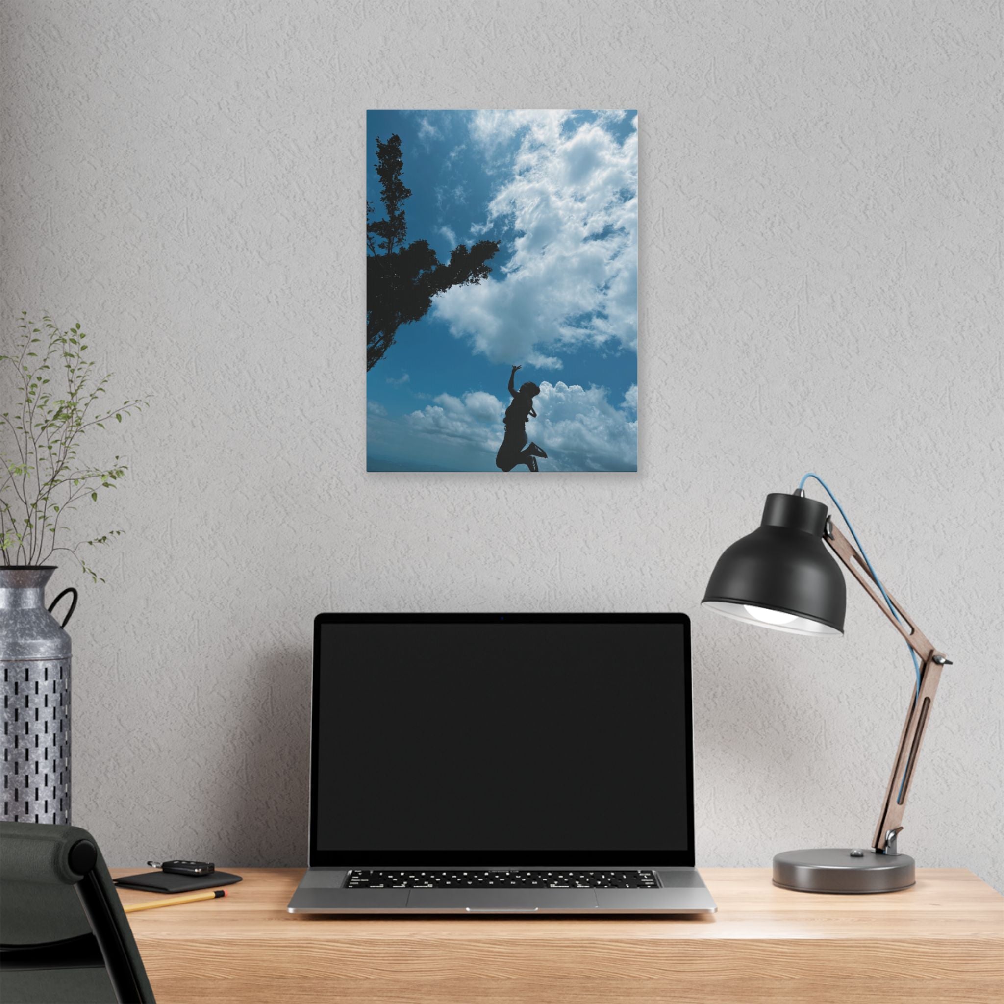 Silhouette Jumping Against Cloudy Sky - Classic Stretched Canvas